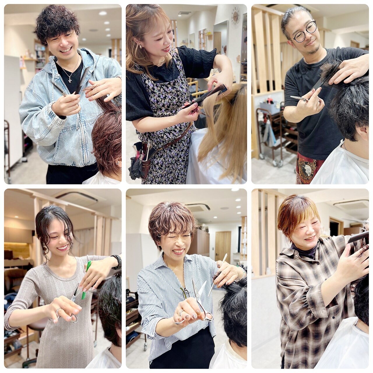 SOL月島店のスタッフ6人が笑顔でカットする様子をまとめた写真